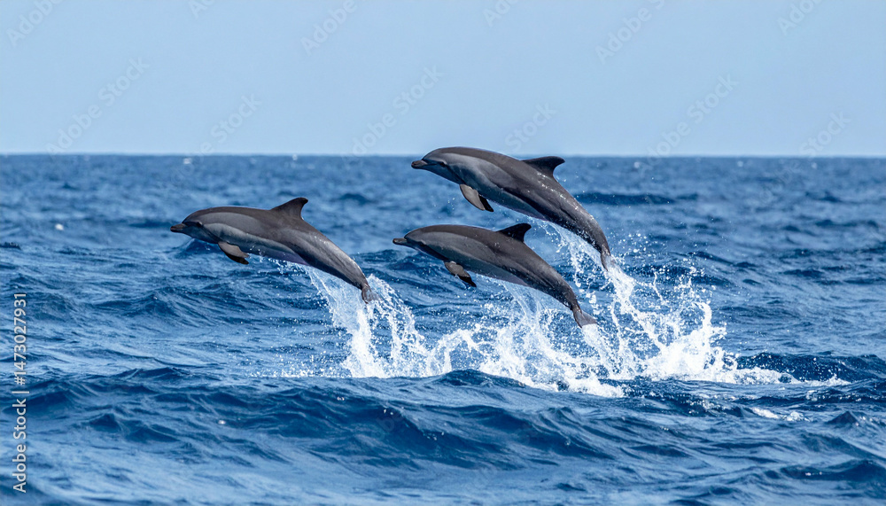 Obraz premium Dolphins leaping from ocean waves, under a clear sky, creating splashes
