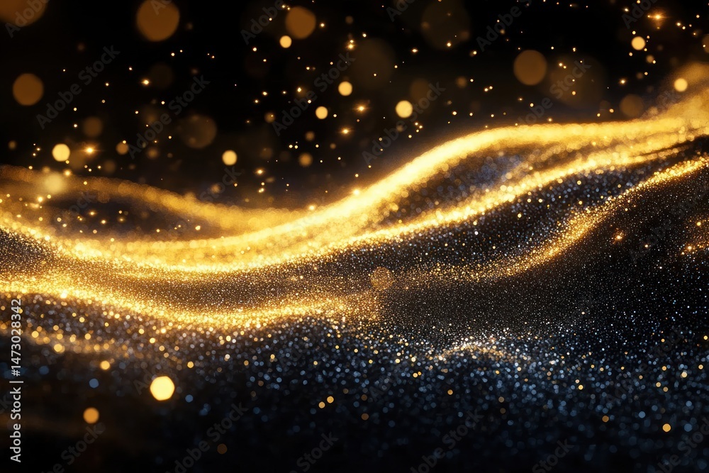 Obraz premium Glowing golden and silvery sparkling particles forming flowing waves against a dark background, creating a magical and dynamic visual effect