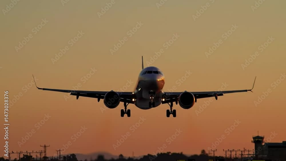 Airplane approaching the runway at dusk with a vibrant orange sky in the background view from ground Airplane approaching the runway at dusk with a vibrant orange sky in the background view from ground