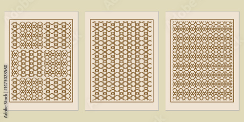 Three unique geometric abstract seamless patterns with an antique feel evoking intricate woven or embroidered designs and artistic flair