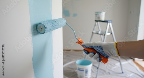 Home Painting Project: Interior Wall Painting with Blue Paint Roller for Room Renovation