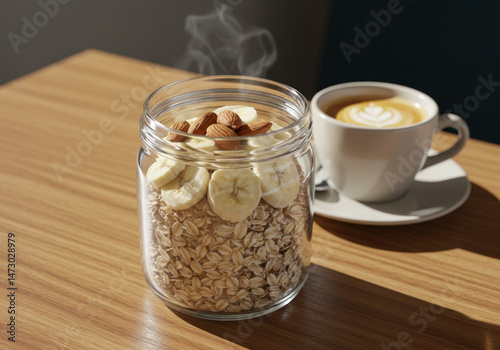 Glass jar filled with oats and nuts.