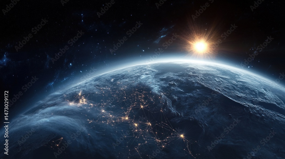 Fototapeta premium Sunrise over planet Earth viewed from space with illuminated network connections across continents under a starry sky