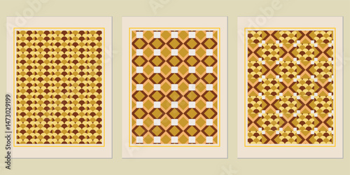 Geometric wall art set featuring retro patterns in muted earth tones ideal for vintage decor and modern interiors, enhancing spatial warmth