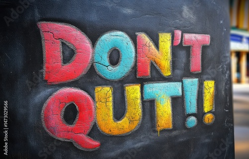 Colorful motivational graffiti text painted on a textured black surface with the words don't quit in bold red, blue, yellow, and orange letters conveying encouragement