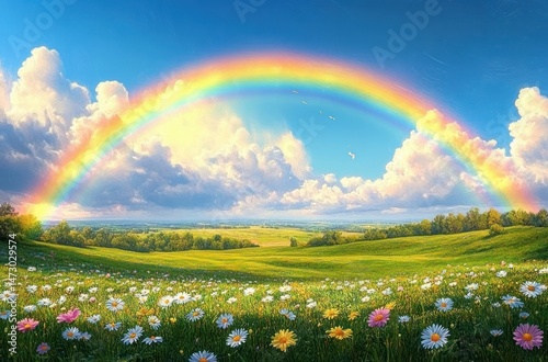 Bright colorful rainbow arches over green rolling hills covered in a vibrant wildflower meadow under a partly cloudy blue sky with birds flying