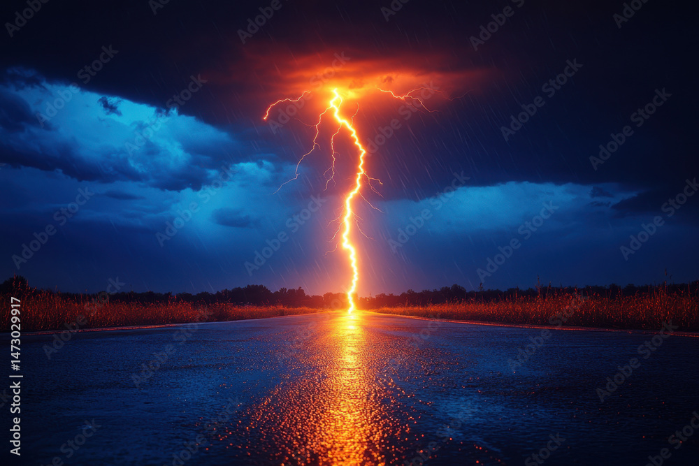 Obraz premium Lightning strikes over a road.