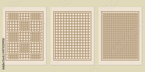 Elegant framed geometric pattern variations featuring interlocking shapes, providing depth and visual appeal for sophisticated design projects and creative applications