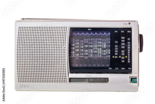 Retro silver portable Radio tuner or receiver isolated on White Background.