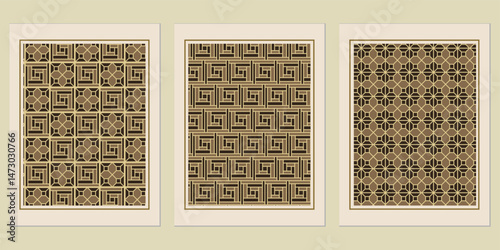 Geometric Harmony: A Trio of Decorative Art Panels with Intricate Pattern Designs and Subdued Colors for Wall Art or Elegant Backgrounds