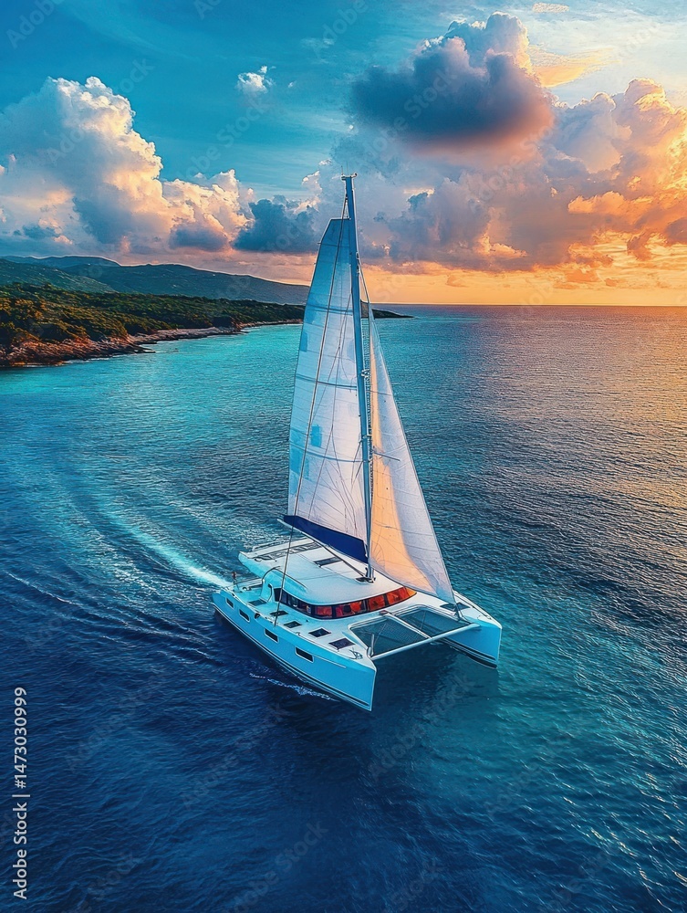 Naklejka premium White sailboat cruising on calm blue ocean near green coastline under a colorful sunset sky with dramatic clouds
