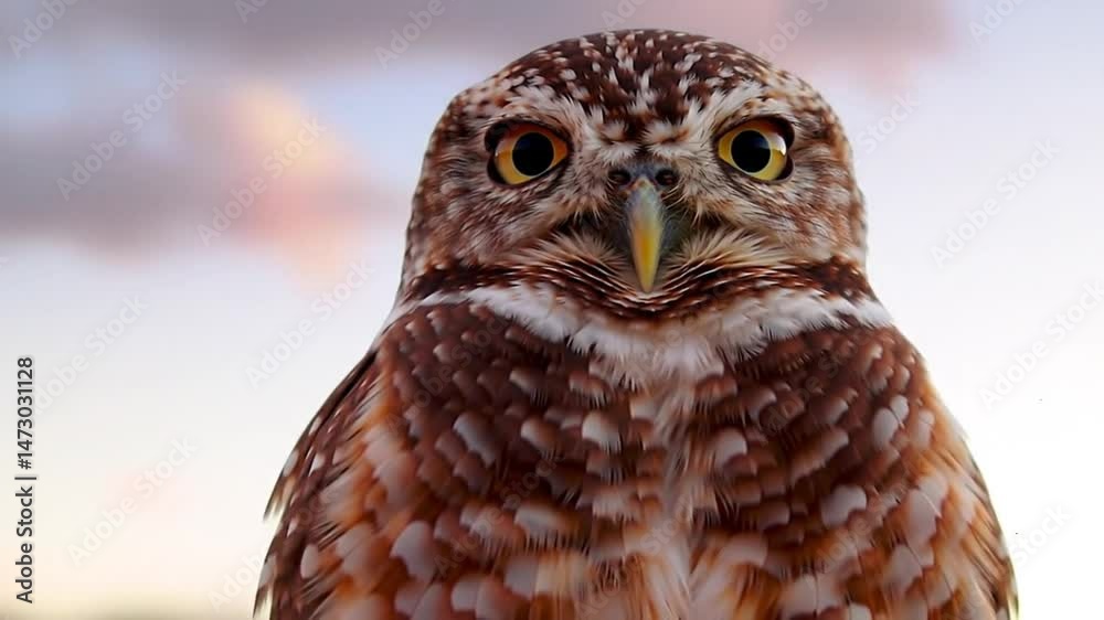Close up of a burrowing owl with brown and white feathers looking directly at the camera with big eyes Close up of a burrowing owl with brown and white feathers looking directly at the camera with big eyes