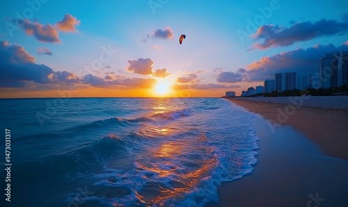 Sunrise coastal panorama showcasing a kitesurfer above the ocean with city skyline