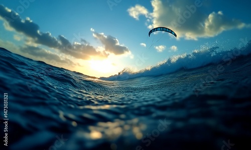 Spectacular seascape showcasing kitesurfing, ocean waves, and a vibrant sunset backdrop