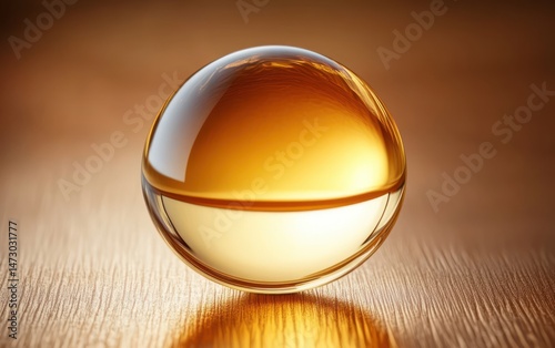 A transparent glass sphere filled halfway with amber liquid placed on a wooden surface with light reflections creating a warm and calm atmosphere