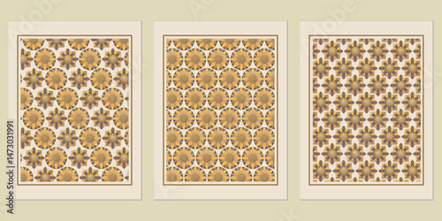 Three distinct floral geometric wall art panels create a warm earth-toned abstract patterns bringing a modern bohemian feel to any space
