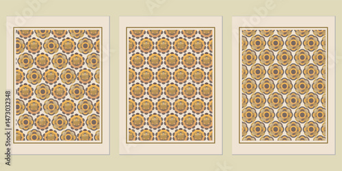 Triptych of framed floral patterns offering a warm, earthy palette evoking mid-century modern aesthetics with a refined vintage presentation