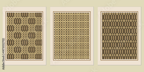 Triptych of framed geometric patterns with textural woven effect, showcasing an artistic interplay of contrasting squares and rectangles, a modern wall art for interior design