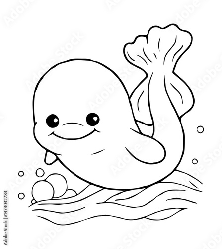 Cartoon Whale Outline with Bubbles and Waves Illustration