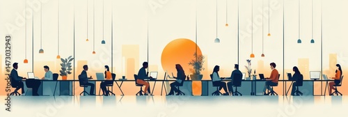 Silhouetted diverse group of people working on laptops at long desks in modern office with hanging lights and plants during sunset