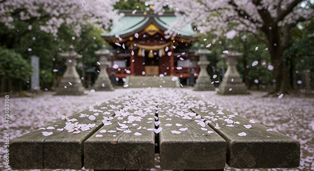 Obraz premium Falling Cherry Blossoms at Japanese Temple Grounds on a Wooden Platform