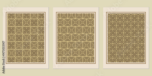 Geometric Rhythm: A Trio of Intricate Square Patterns Displayed as Artwork with Neutral Frames and a Muted Background Palette