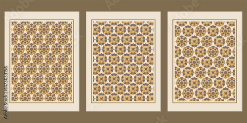 Harmonious trio of framed geometric floral patterns in warm autumnal hues, creating a sophisticated and inviting aesthetic for interior design or visual projects