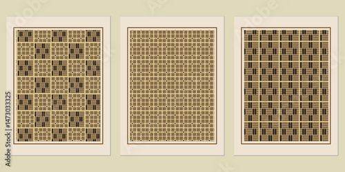 Collection of three ornate wall art prints featuring different geometric patterns in brown and beige, suitable for adding an elegant touch to any interior décor