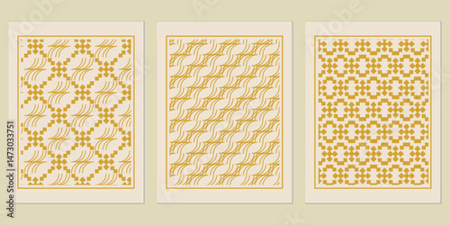Elegant triptych art displaying intricate tessellations and curvilinear motifs in a refined, neutral toned color scheme showcasing sophisticated artistry
