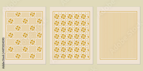 Elegant golden vintage patterns, showcasing geometric grids, refined ornamental circles, and parallel line arrangements, exuding a sophisticated artistic flair and visual harmony