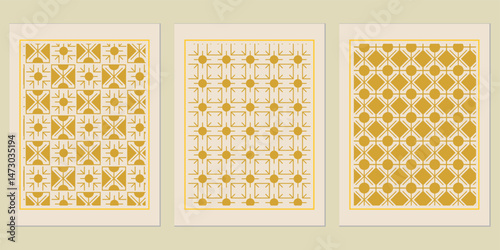 Geometric harmony: a trio of minimalist patterns in subdued gold, presenting a balanced and refined aesthetic visual display
