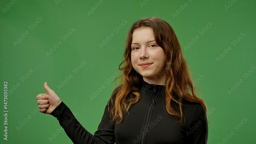 Teenage girl posing at camera smiling and showing thumb up like gesture, positive expression, isolated on chroma key green screen studio background mockup.