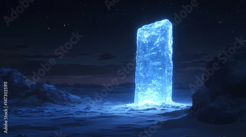 Standing in a frozen night landscape, a luminous ice monolith captures attention. ancient glowing monoliths. illustration. [Frozen Monoliths] | Lost Glacier | concealed titan. Illustration