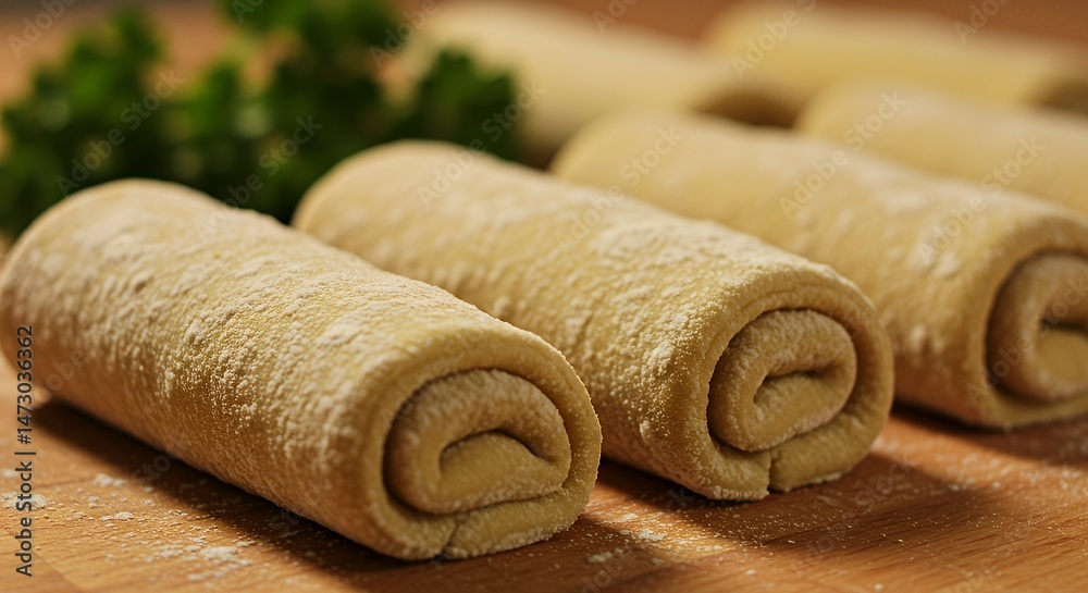 Rolled Crepes Preparation on Wooden Board with Parsley Garnish Rolled Crepes Preparation on Wooden Board with Parsley Garnish