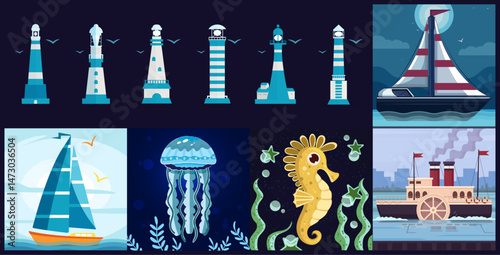 A set of vector elements. Lighthouses, seahorses, jellyfish, sailing boat, steamer. Ocean exploration facilities.
