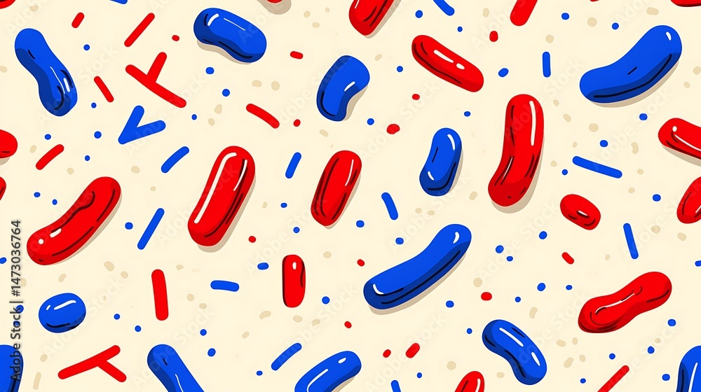 Festive red, blue, and beige pattern featuring whimsical sprinkles and candies
