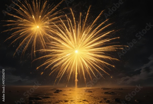 Radiant yellow fireworks illuminate dark sky, intense light show, glow, vivid, dazzle