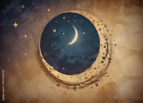 Stylized starry night on antique parchment; crescent moon, scattered stars; cosmic feel, vintage effect ,  new moon,  light,  shine