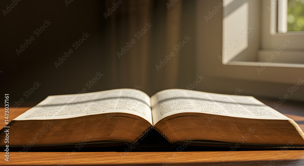 Obraz premium Antique Open Book on Wooden Desk Lit by Natural Light Near Window Read Study