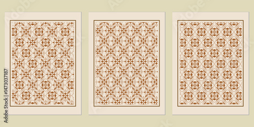 Aesthetic triptych showcasing intricate decorative patterns in sepia tones ideal for backgrounds, artistic projects or interior design elements for elegant spaces