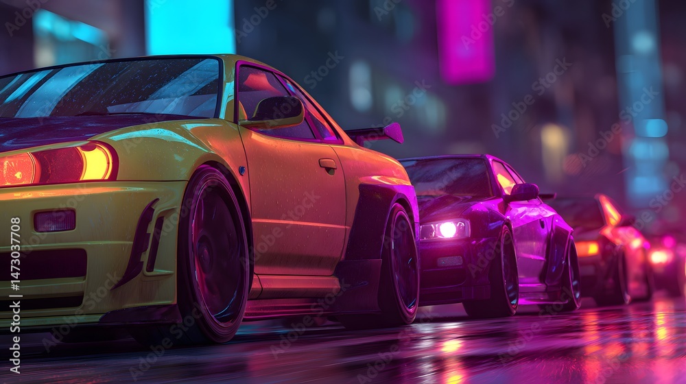 Fototapeta premium A vibrant lineup of sports cars under the neon glow of a rainy urban cityscape at night.