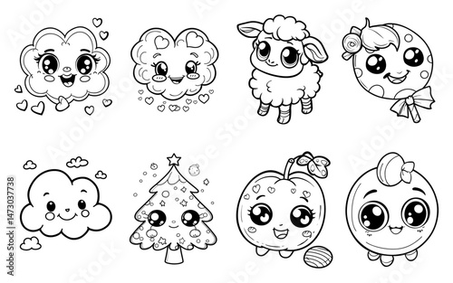 Collection of Cute Cartoon Characters Cloud Sheep Tree and Fruit