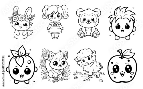 Collection of Cute Cartoon Characters in Black and White Outline