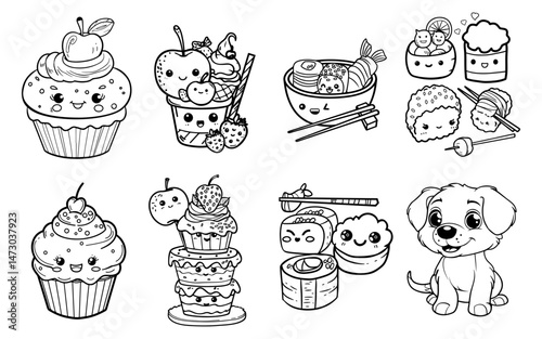Collection of Cute Cartoon Food and a Puppy in Black and White
