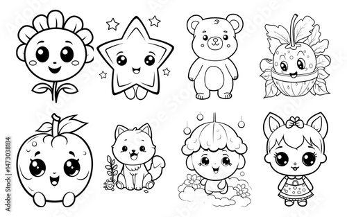 Collection of Eight Cute Cartoon Characters Flower Star Bear and More
