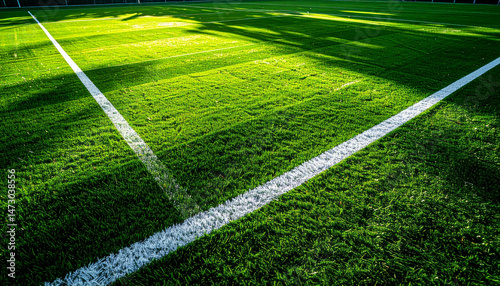 A sunny artificial grass field with white lines and shadows