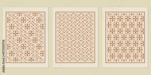 Three decorative panels presenting harmonious repetitive patterns, creating a visually appealing rhythmic geometric arrangement, adorned with intricate details and graceful symmetrical floral art