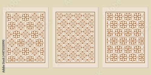 Trio of ornamental framed panels showcasing delicate arabesque patterns in sepia tones on a creamy neutral background, an exquisite decorative set
