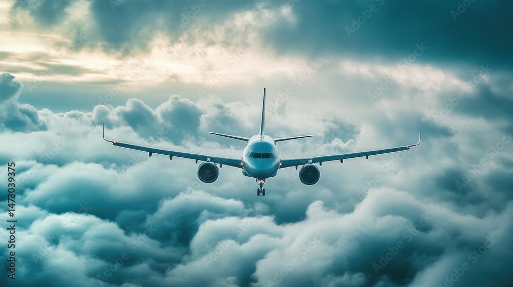 Fototapeta premium Jet airliner flying through layered clouds on a cloudy day