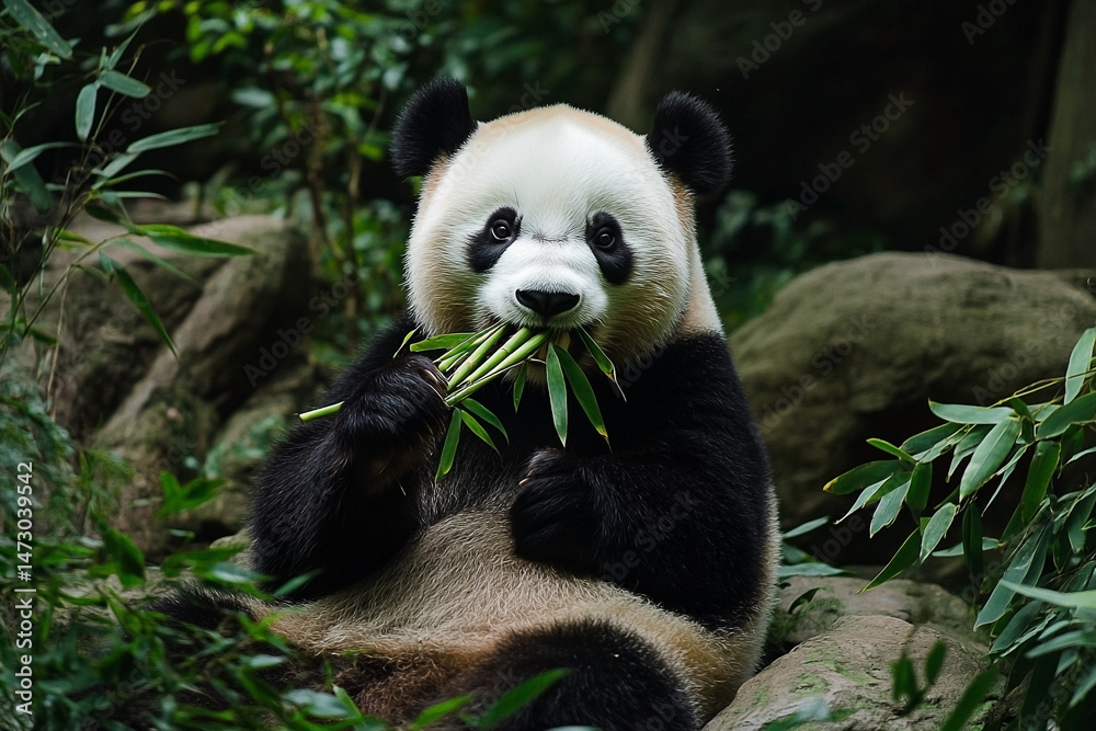Fototapeta premium Captivating giant panda portrait immersed in lush greenery feasting on bamboo shoots